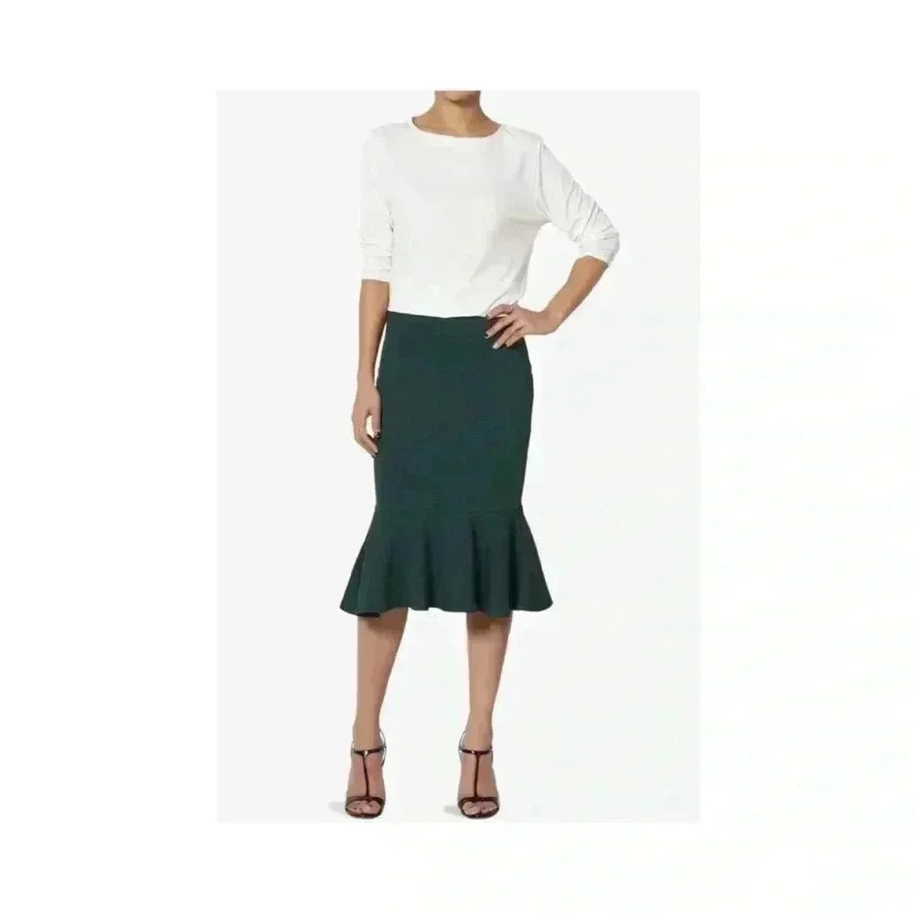 🆕Zenana Outfitters Hunter Green Mermaid-Hem Mid Skirt L🆕